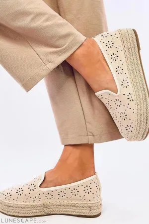 Beige Floral Eyelet Platform Espadrille Flats
