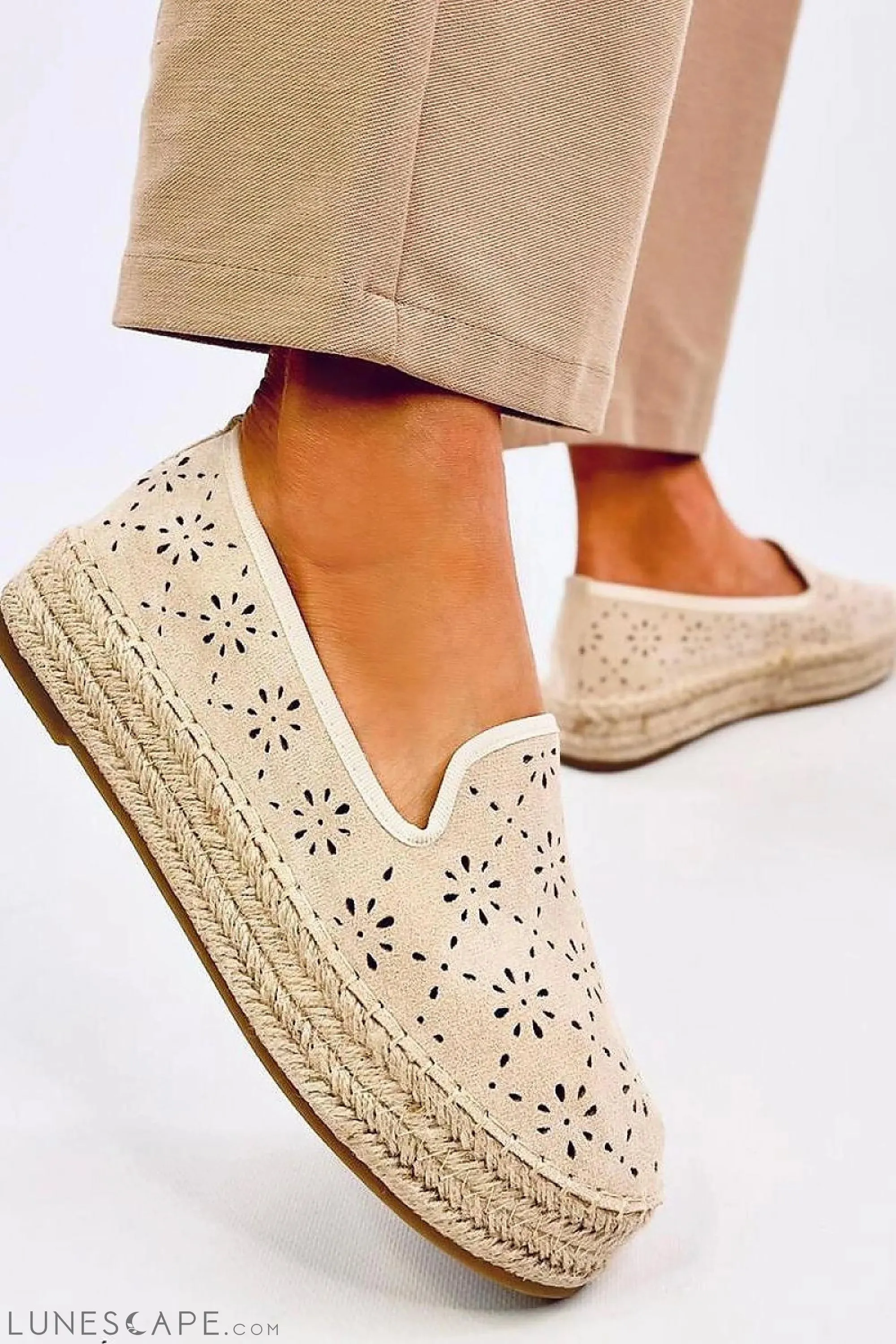 Beige Floral Eyelet Platform Espadrille Flats