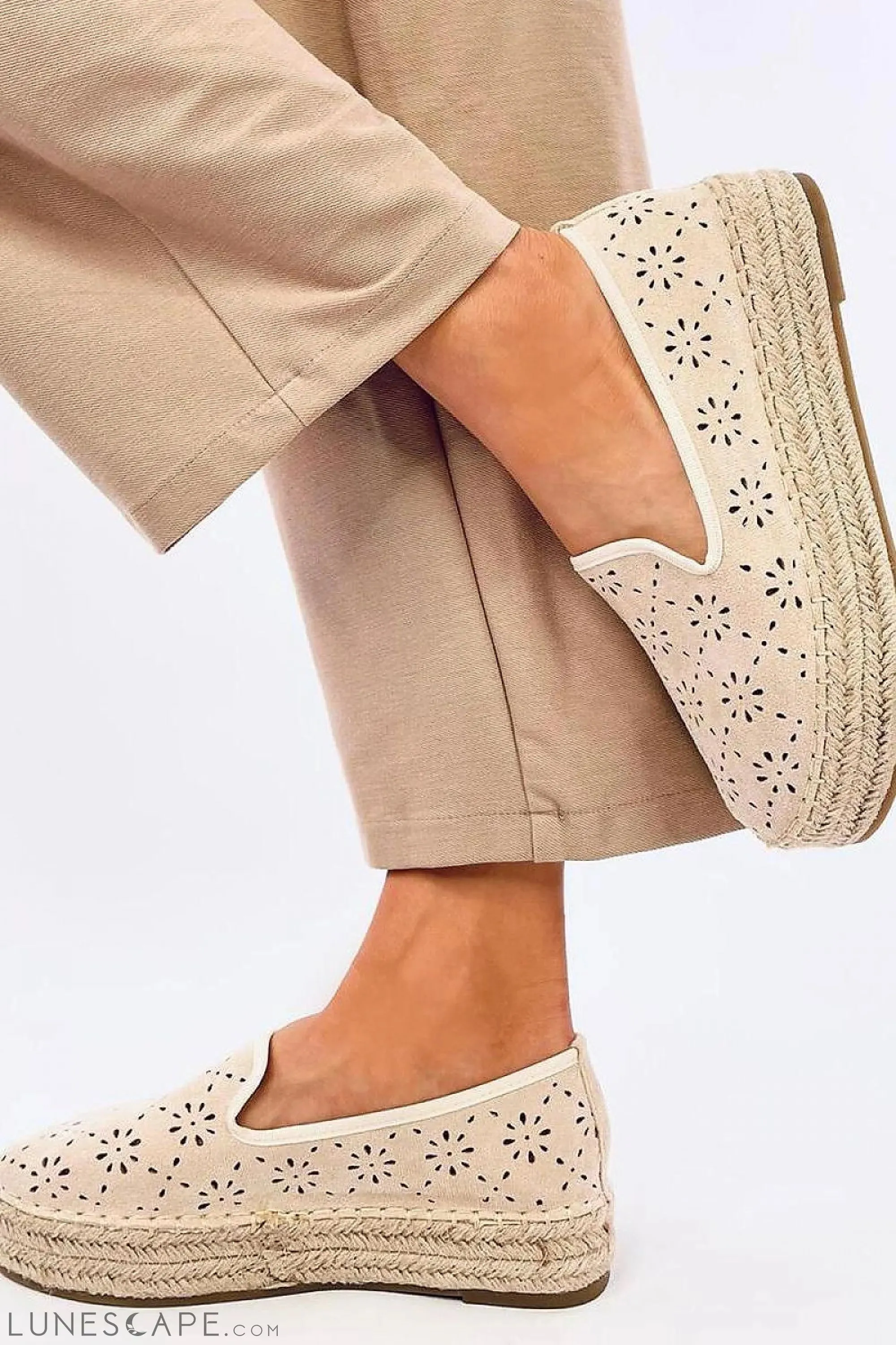 Beige Floral Eyelet Platform Espadrille Flats