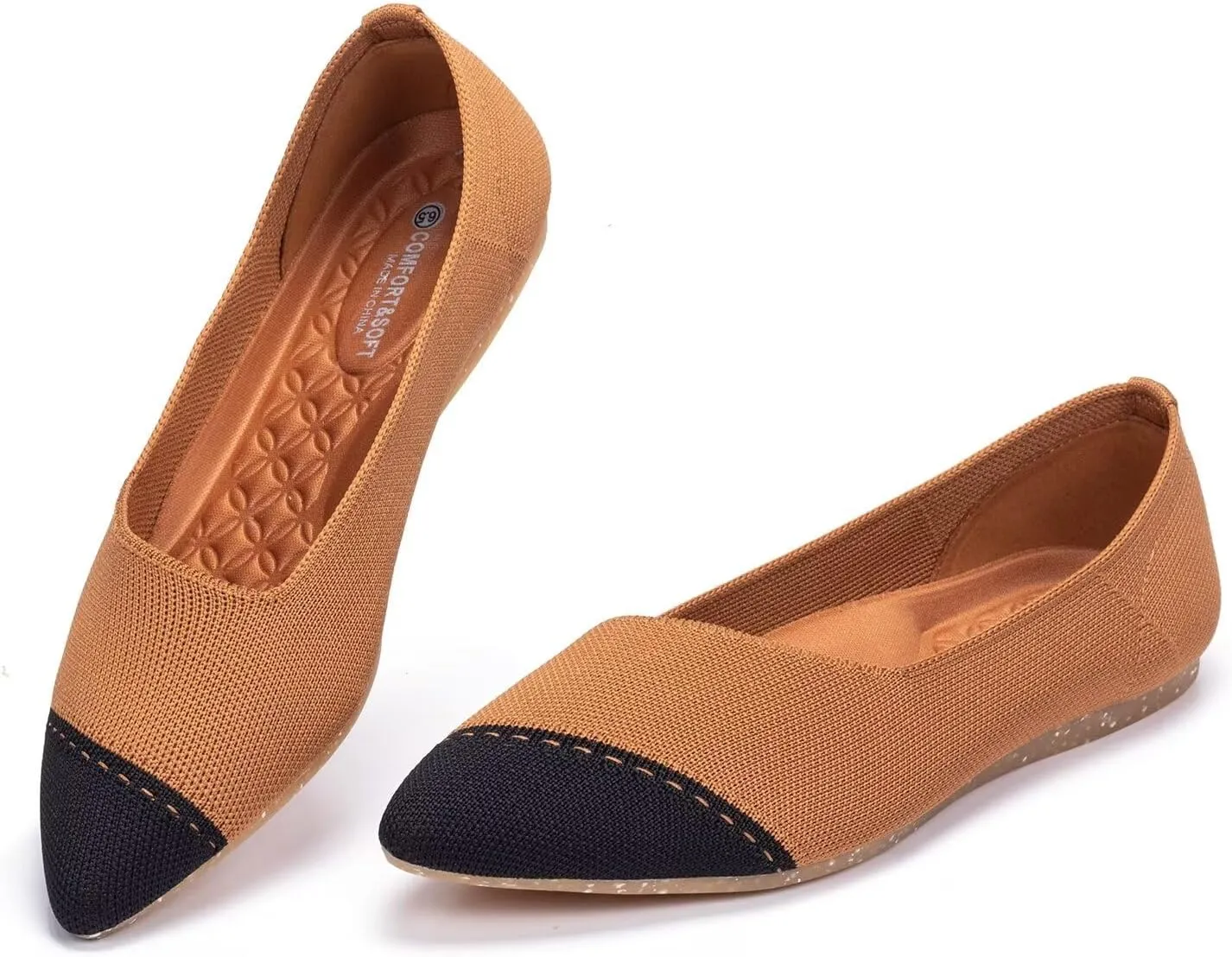 BEJINASH Women's Flat Shoes Black Pointed Toe Dress Shoes Knit Slip On Shoes Comfortable Walking Shoes for Woman Lightweight