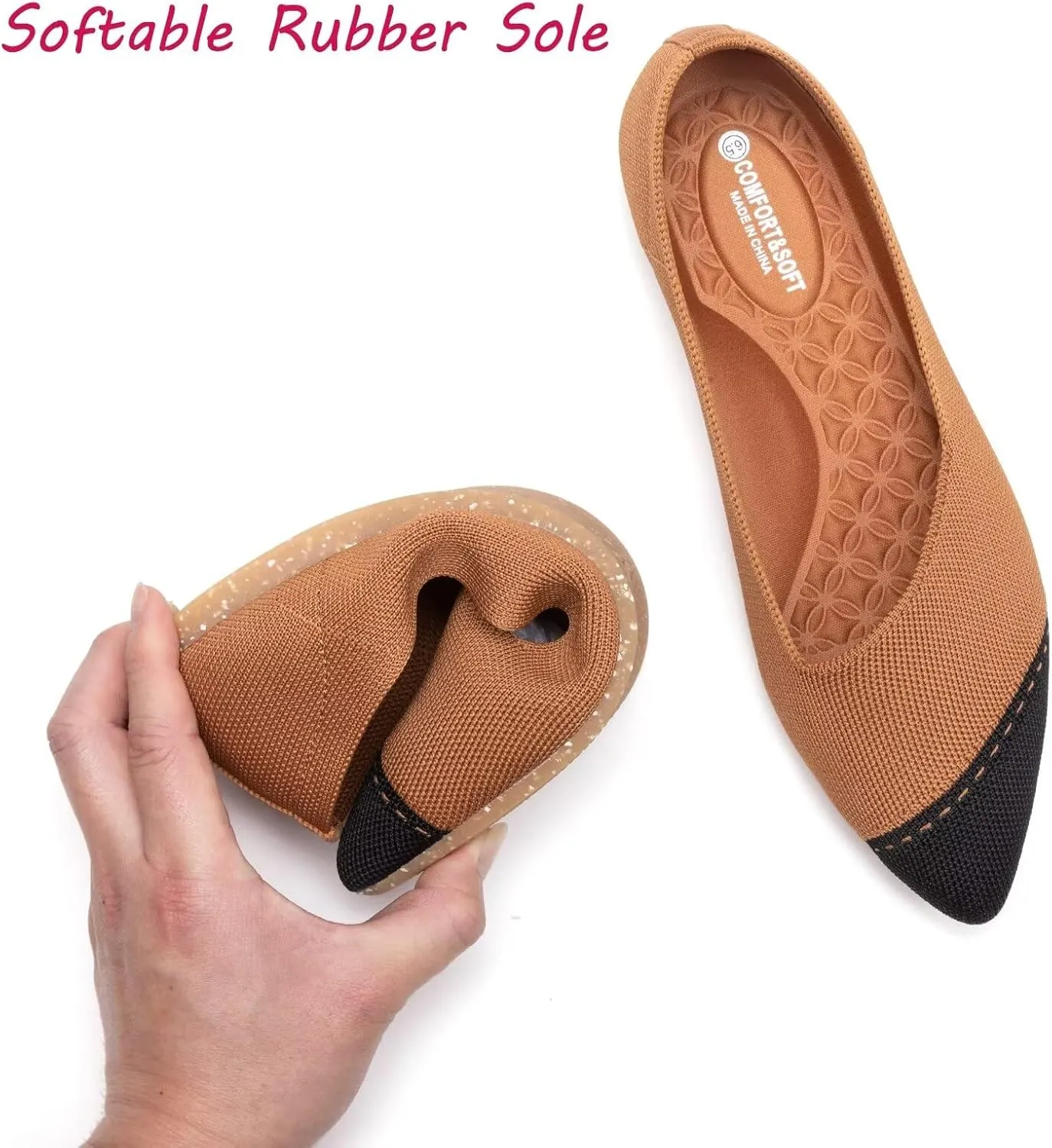 BEJINASH Women's Flat Shoes Black Pointed Toe Dress Shoes Knit Slip On Shoes Comfortable Walking Shoes for Woman Lightweight