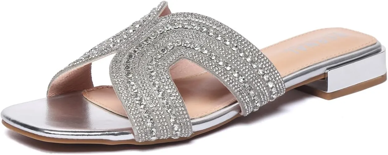 Bernal Women Sparkle Rhinestone Slide Sandals Fashion Outdoor Slip On H-Band Flat Slippers Summer Beach Sandals