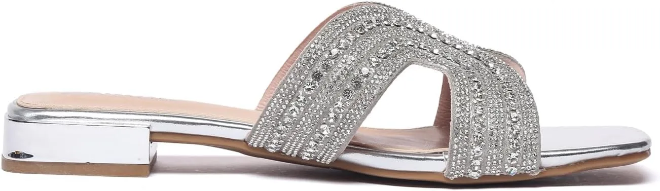 Bernal Women Sparkle Rhinestone Slide Sandals Fashion Outdoor Slip On H-Band Flat Slippers Summer Beach Sandals