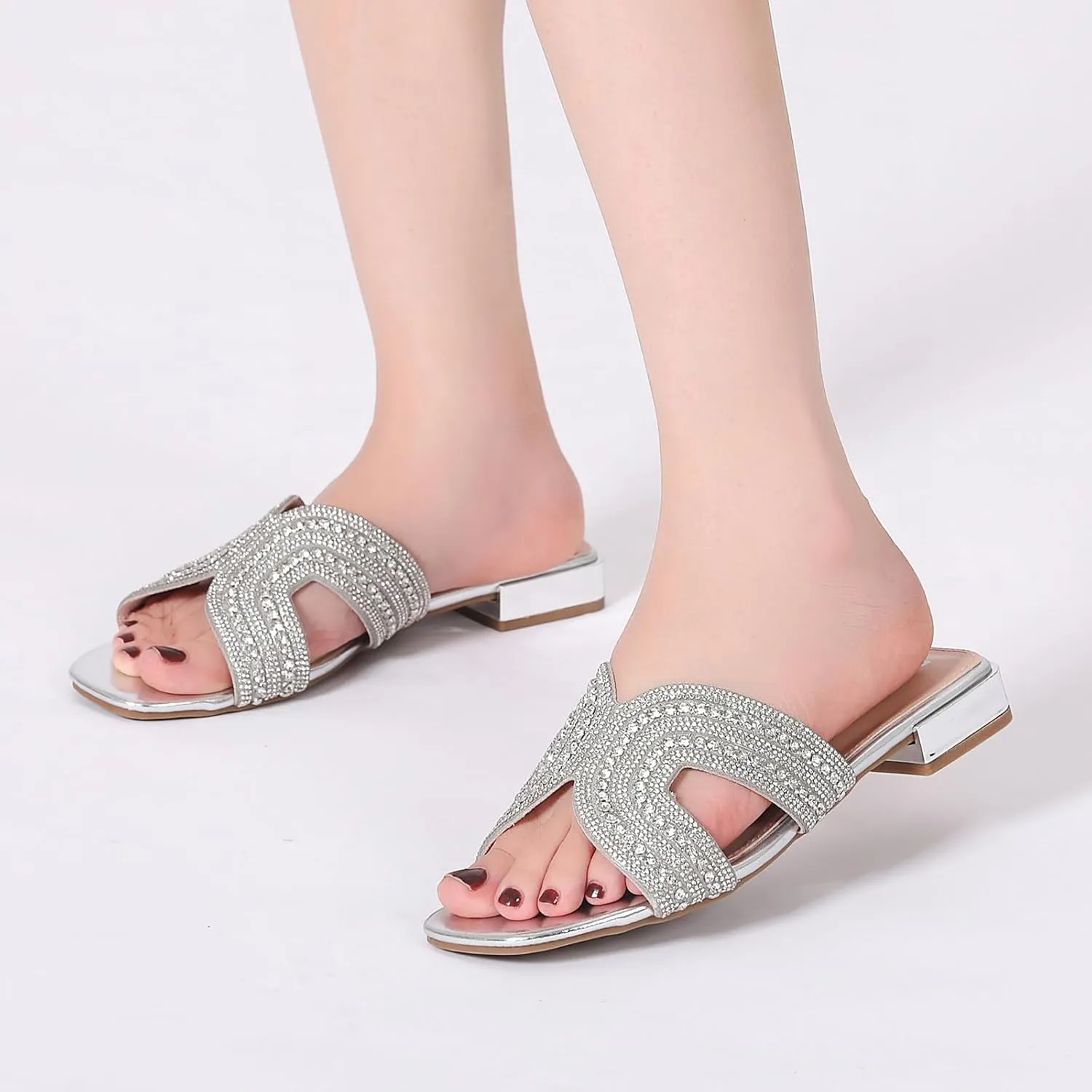 Bernal Women Sparkle Rhinestone Slide Sandals Fashion Outdoor Slip On H-Band Flat Slippers Summer Beach Sandals
