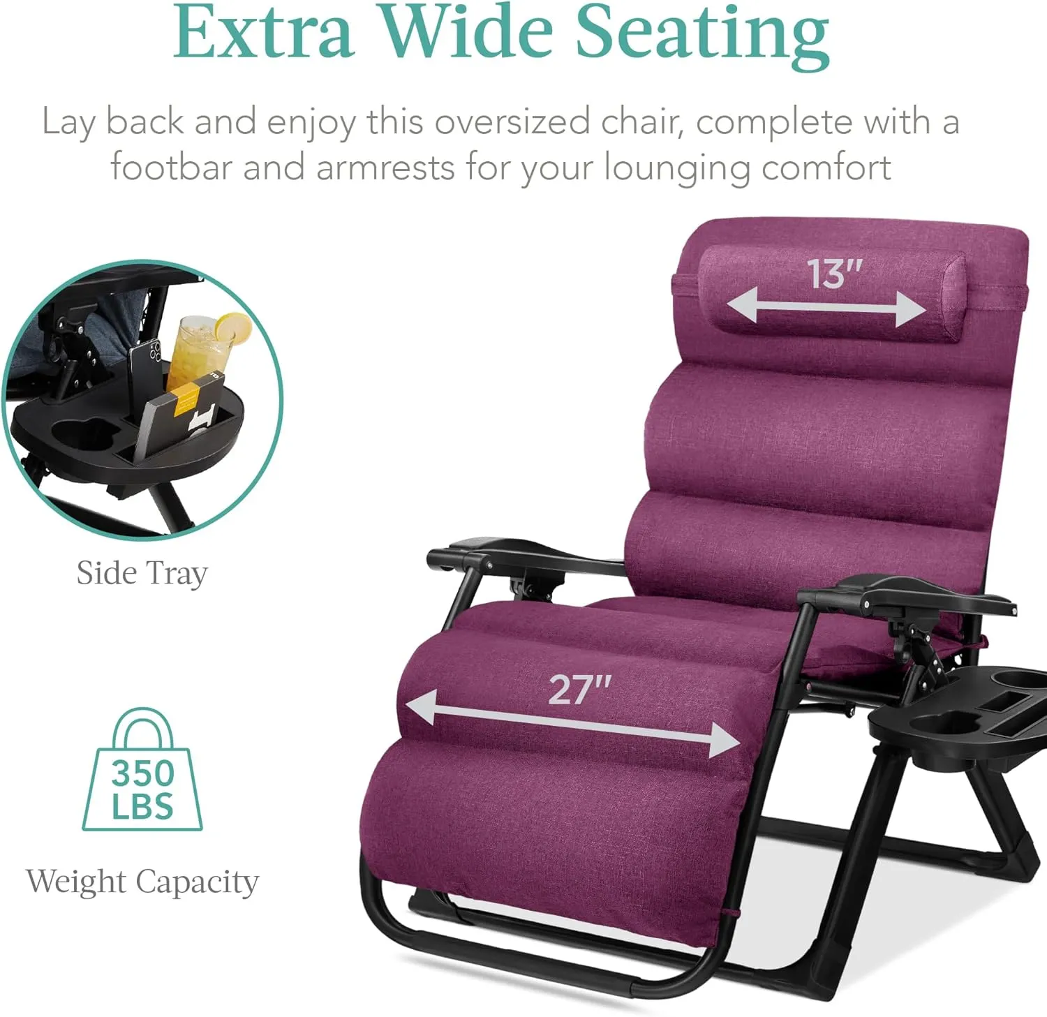 Best Choice Products Oversized Zero Gravity Chair, Folding Outdoor Patio Recliner, XL Anti Gravity Lounger w/Removable Cushion, Cup Holder, Side Tray, 350lb Capacity - Amethyst Purple