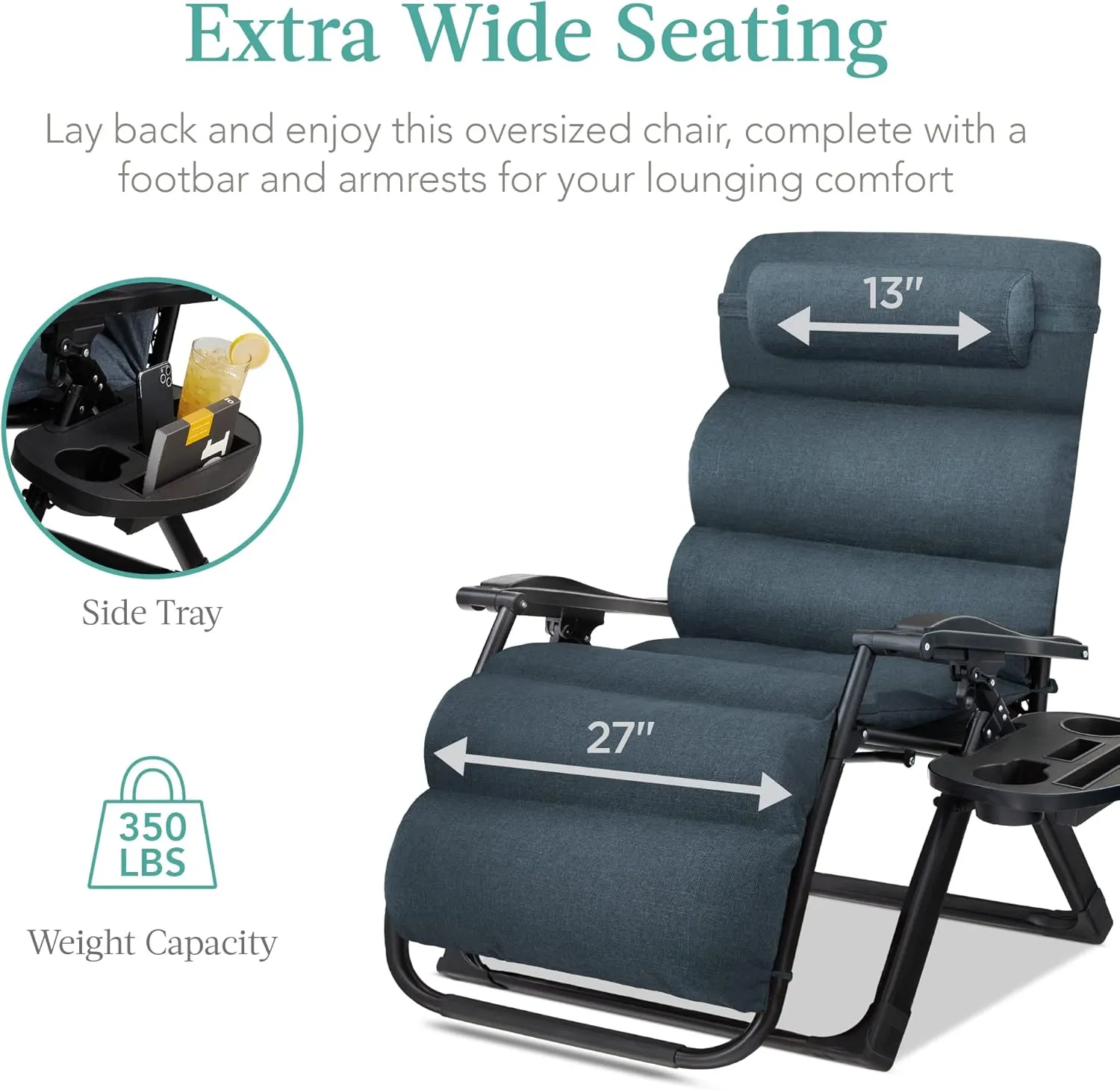 Best Choice Products Oversized Zero Gravity Chair, Folding Outdoor Patio Recliner, XL Anti Gravity Lounger w/Removable Cushion, Cup Holder, Side Tray, 350lb Capacity - Graphite Blue