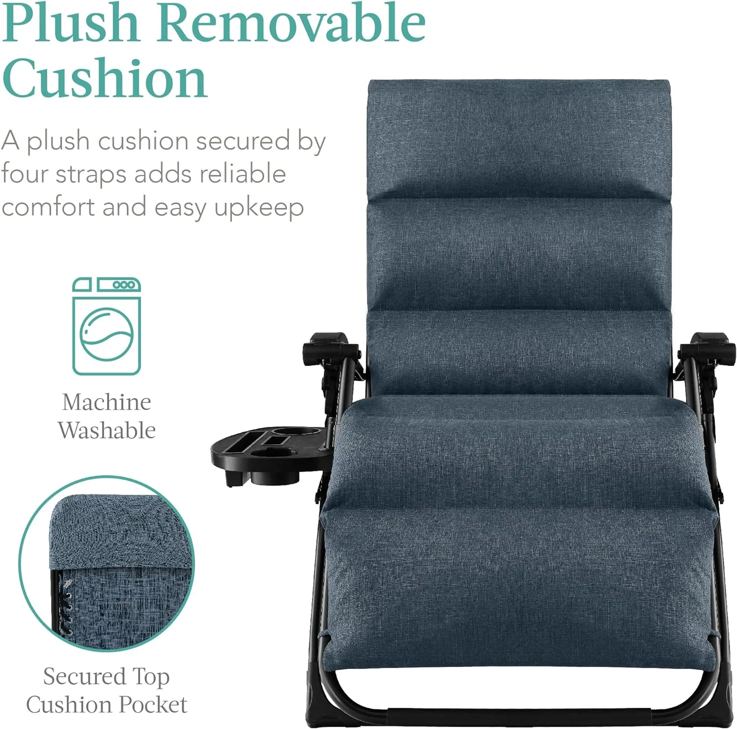 Best Choice Products Oversized Zero Gravity Chair, Folding Outdoor Patio Recliner, XL Anti Gravity Lounger w/Removable Cushion, Cup Holder, Side Tray, 350lb Capacity - Graphite Blue
