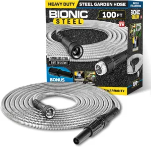Bionic Steel 100 Ft Garden Hose with Nozzle, 304 Stainless Steel Metal Water Hose 100Ft Long, NON Expandable Flexible Rust Proof Lightweight Heavy Duty, 3/4" Crush Resistant Fittings, Non Kink,500 PSI