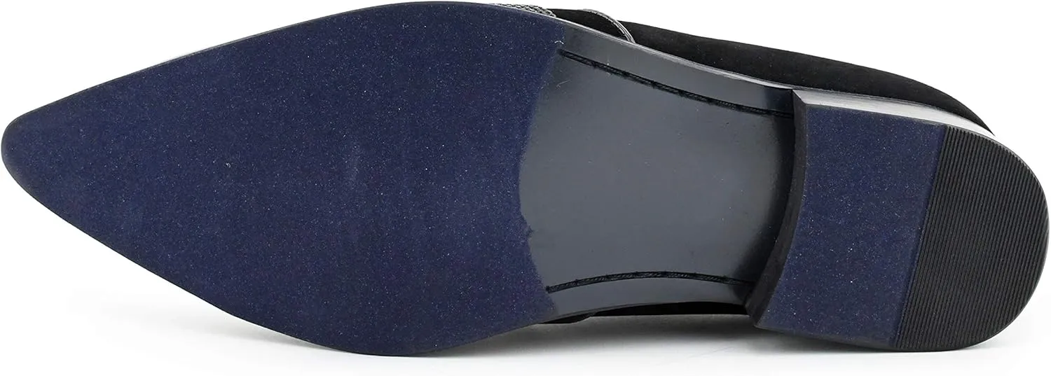Bolano x Amali Men's Dress Loafers with Rhinestones, Slip-On, Tuxedo Loafer Shoes for Men, Pointed Toe with Metal Tip, Size Up