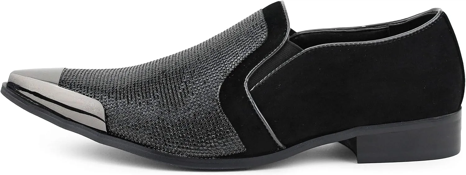 Bolano x Amali Men's Dress Loafers with Rhinestones, Slip-On, Tuxedo Loafer Shoes for Men, Pointed Toe with Metal Tip, Size Up