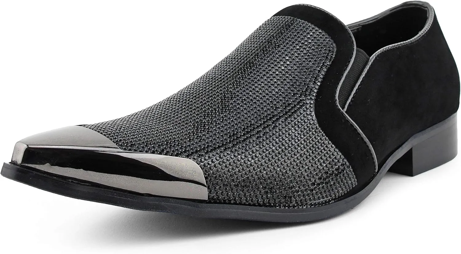 Bolano x Amali Men's Dress Loafers with Rhinestones, Slip-On, Tuxedo Loafer Shoes for Men, Pointed Toe with Metal Tip, Size Up