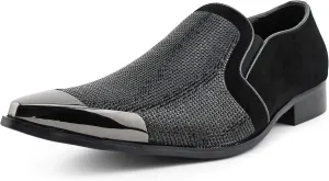 Bolano x Amali Men's Dress Loafers with Rhinestones, Slip-On, Tuxedo Loafer Shoes for Men, Pointed Toe with Metal Tip, Size Up