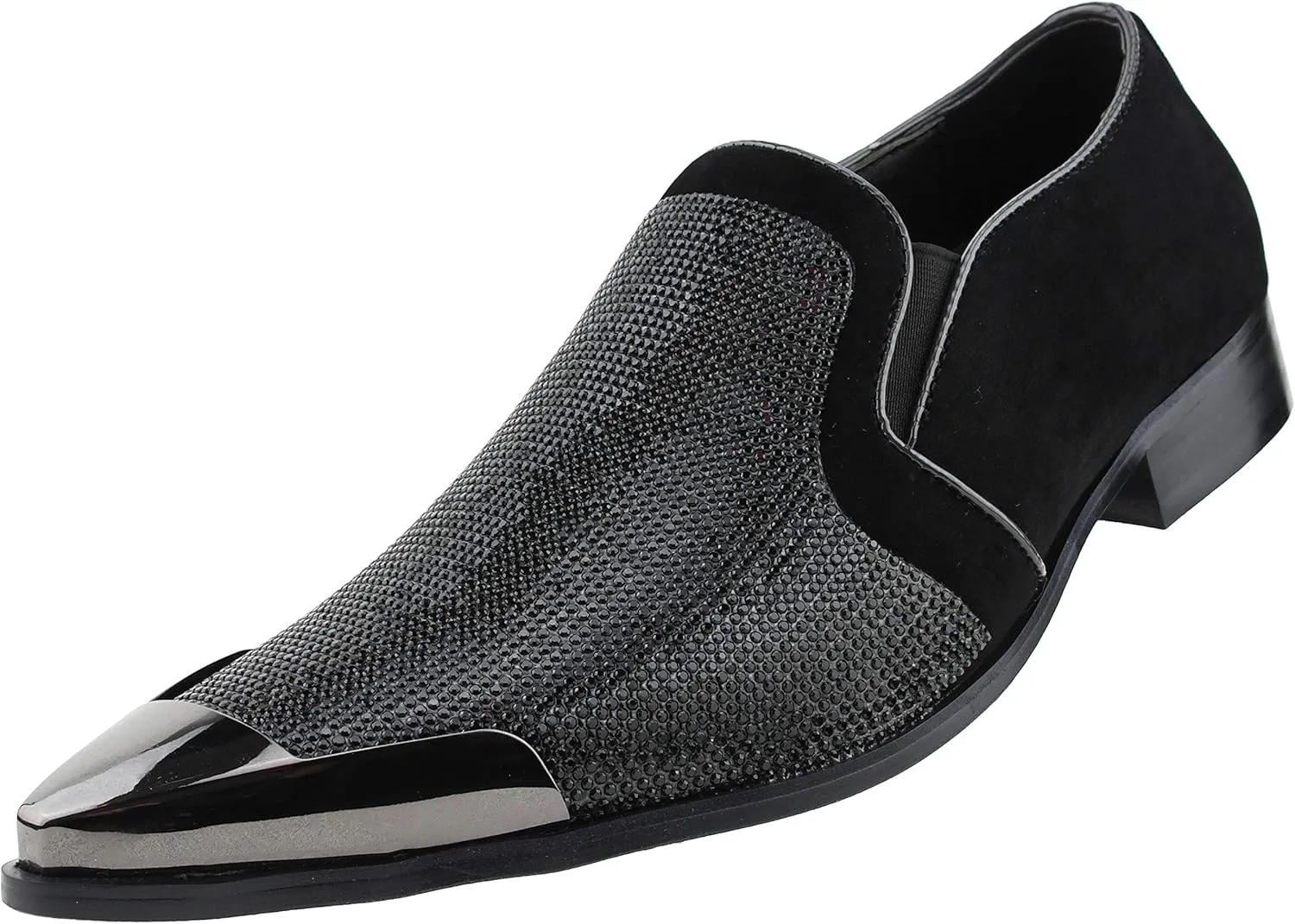 Bolano x Amali Men's Dress Loafers with Rhinestones, Slip-On, Tuxedo Loafer Shoes for Men, Pointed Toe with Metal Tip, Size Up
