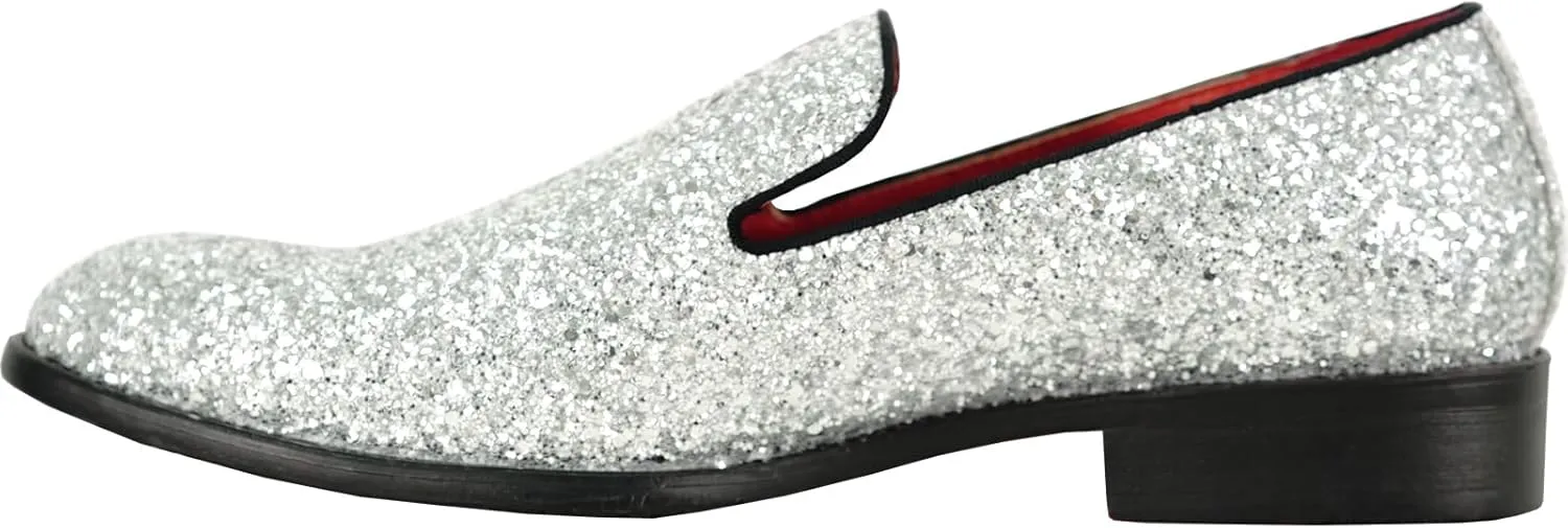bravo! Men Dress Shoe Prom Slip on Loafer Tuxedo Shoe Classic Metallic Glitter for Wedding Prom Party Black Gold Silver