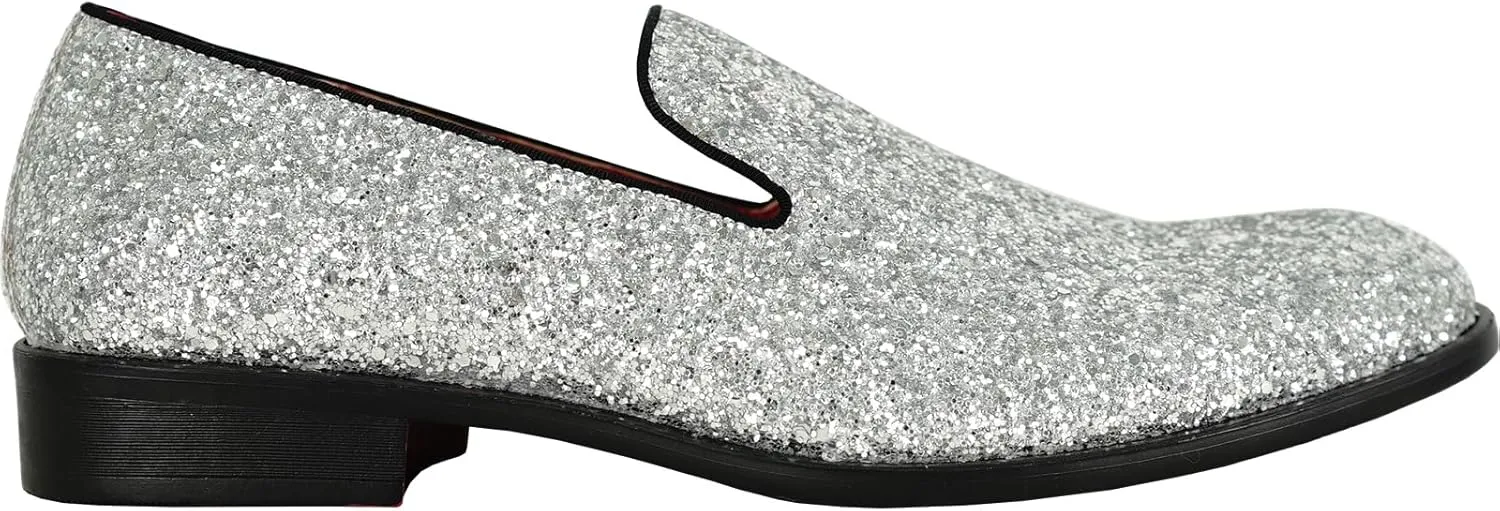bravo! Men Dress Shoe Prom Slip on Loafer Tuxedo Shoe Classic Metallic Glitter for Wedding Prom Party Black Gold Silver