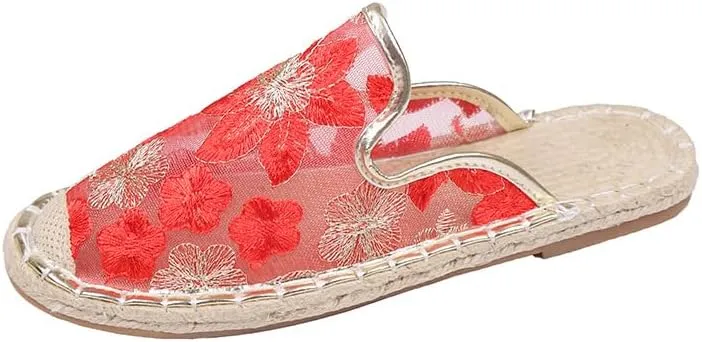 Chinese Slippers for Women Summer Floral Embroidered Mesh Sandals Slides Closed Toe Indoor Outdoor Flat Slipper