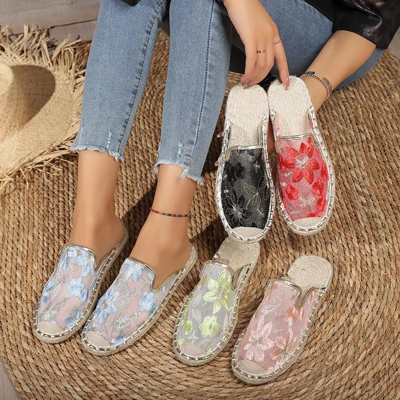 Chinese Slippers for Women Summer Floral Embroidered Mesh Sandals Slides Closed Toe Indoor Outdoor Flat Slipper