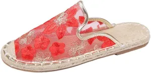 Chinese Slippers for Women Summer Floral Embroidered Mesh Sandals Slides Closed Toe Indoor Outdoor Flat Slipper