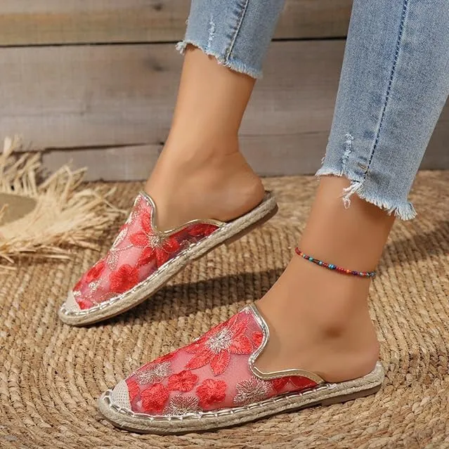 Chinese Slippers for Women Summer Floral Embroidered Mesh Sandals Slides Closed Toe Indoor Outdoor Flat Slipper