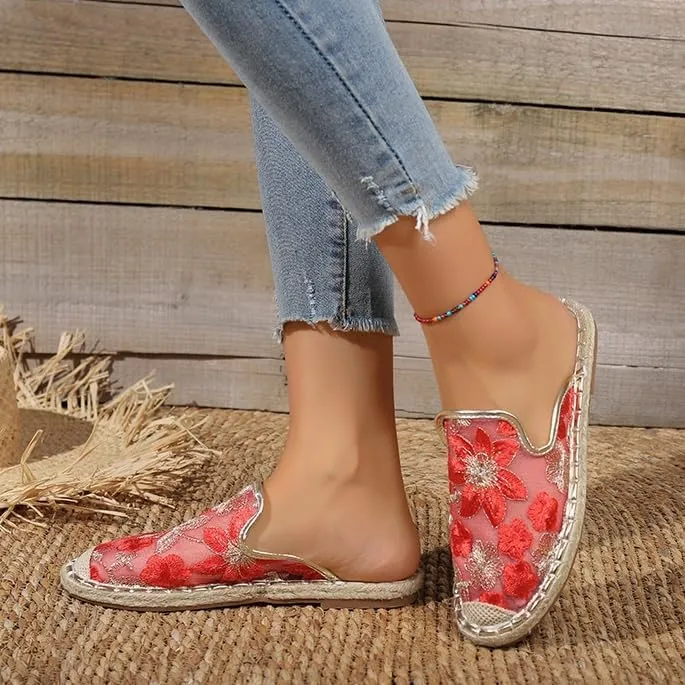 Chinese Slippers for Women Summer Floral Embroidered Mesh Sandals Slides Closed Toe Indoor Outdoor Flat Slipper