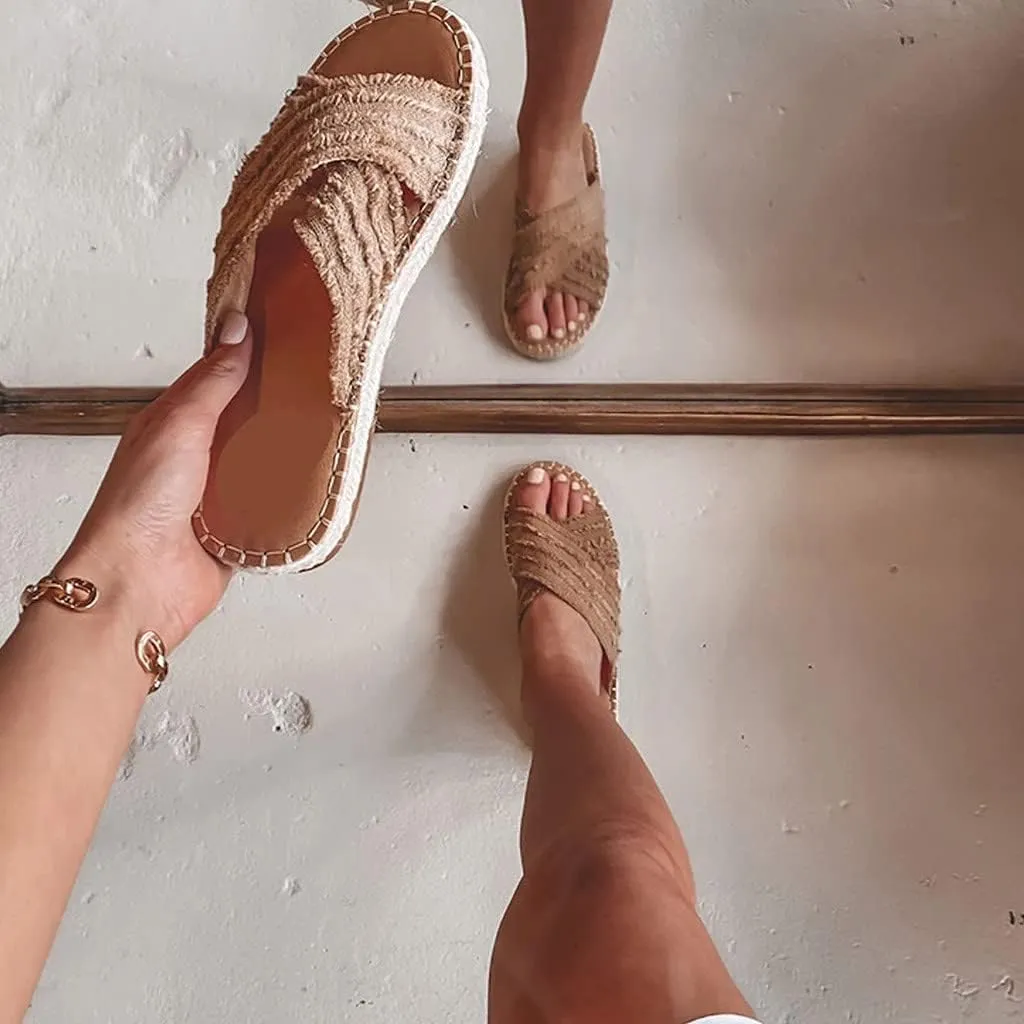 CLEO ESPADRILLE SLIDES, Cleo Cross Sandals-Flat-bottomed Textile cross upper Rubber Espadrille sole Sandals