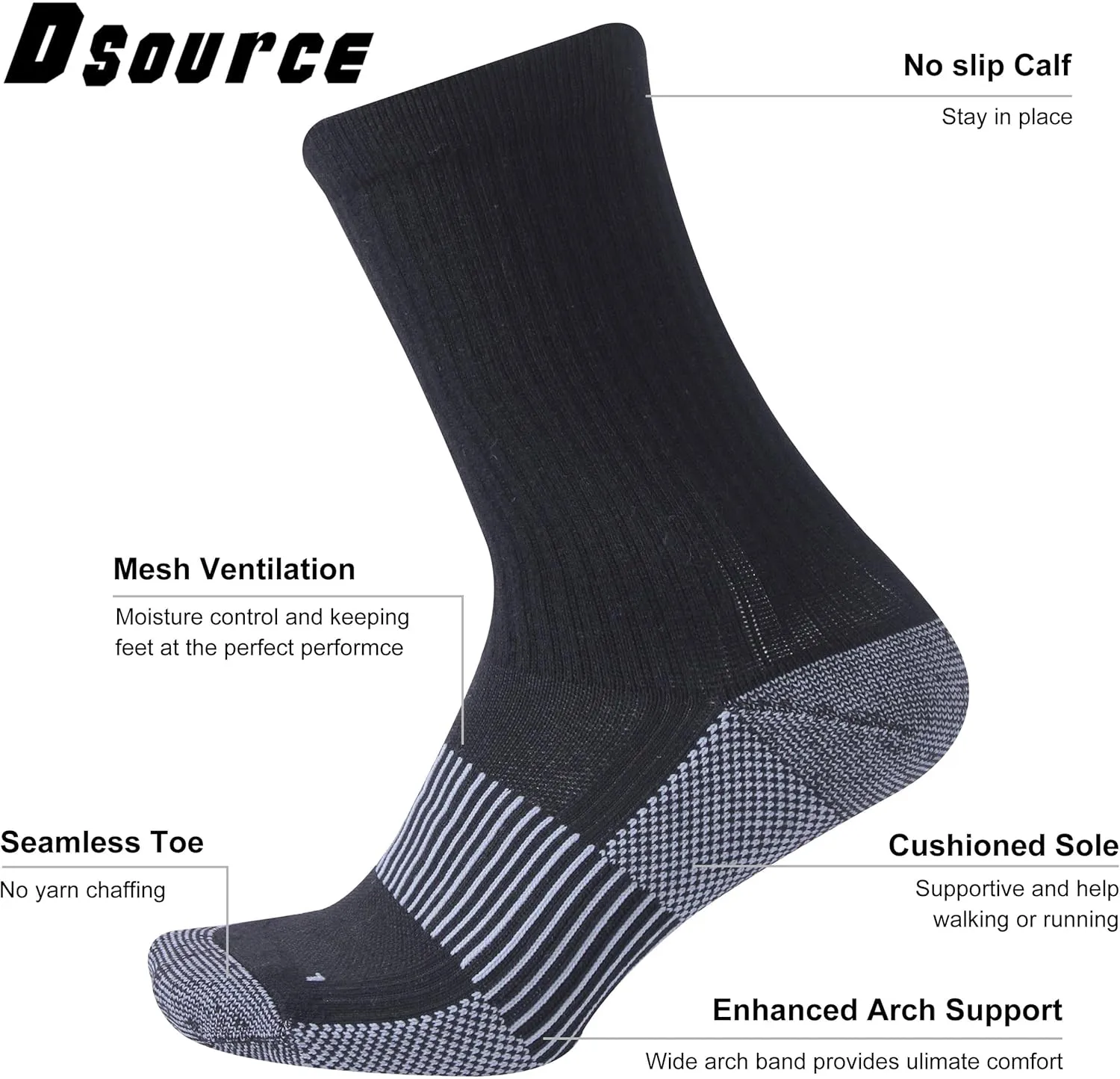 Copper Hiking Socks, Unisex Crew Cushioned Sole Arch Support Golf Running Compression Socks 6 Pairs