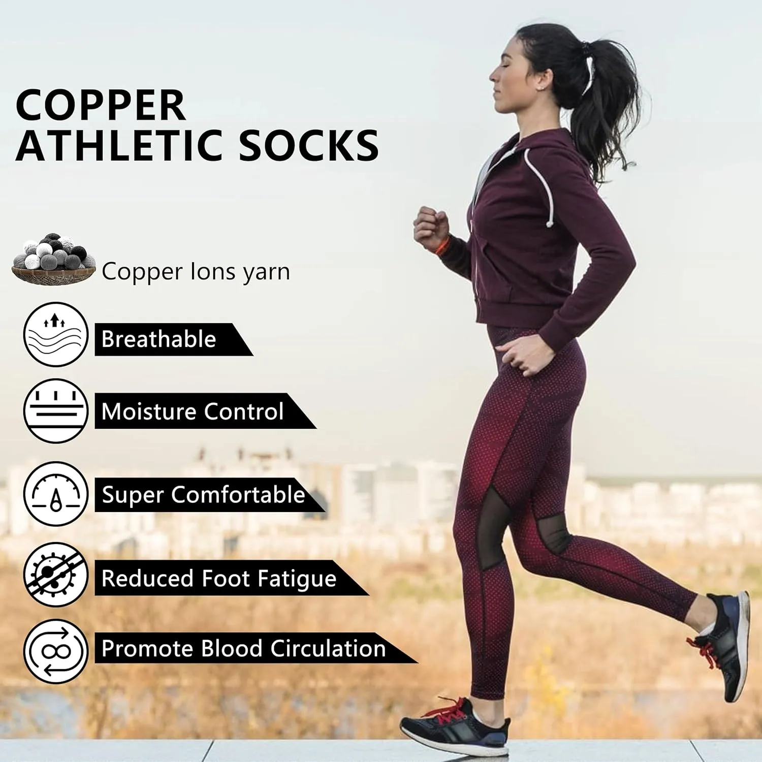 Copper Hiking Socks, Unisex Crew Cushioned Sole Arch Support Golf Running Compression Socks 6 Pairs