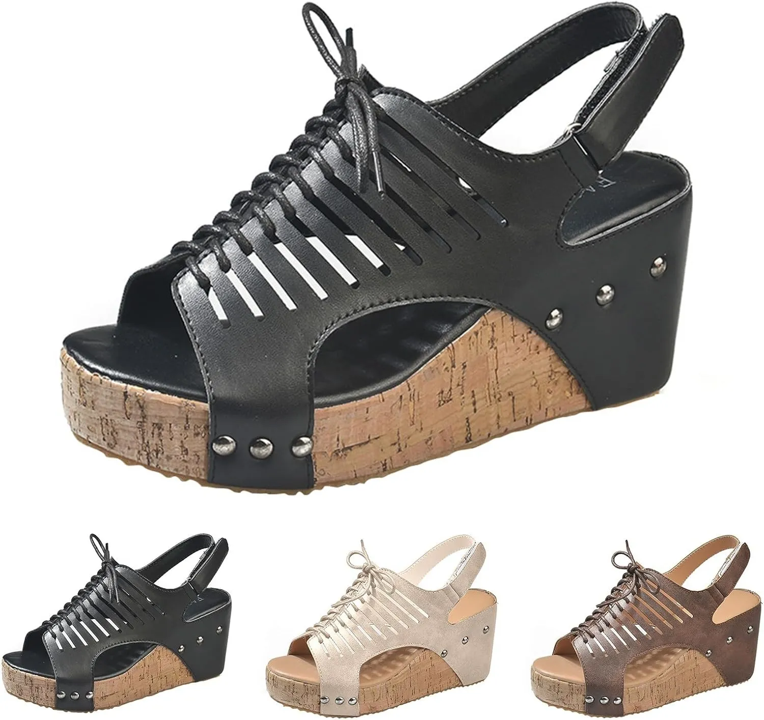 Cork Sandals for Women Comfortable Lac𝐞 Up Hollow Out Platform Sandal Hook And Loop Orthopedic Wedge Slides Slip On Slides