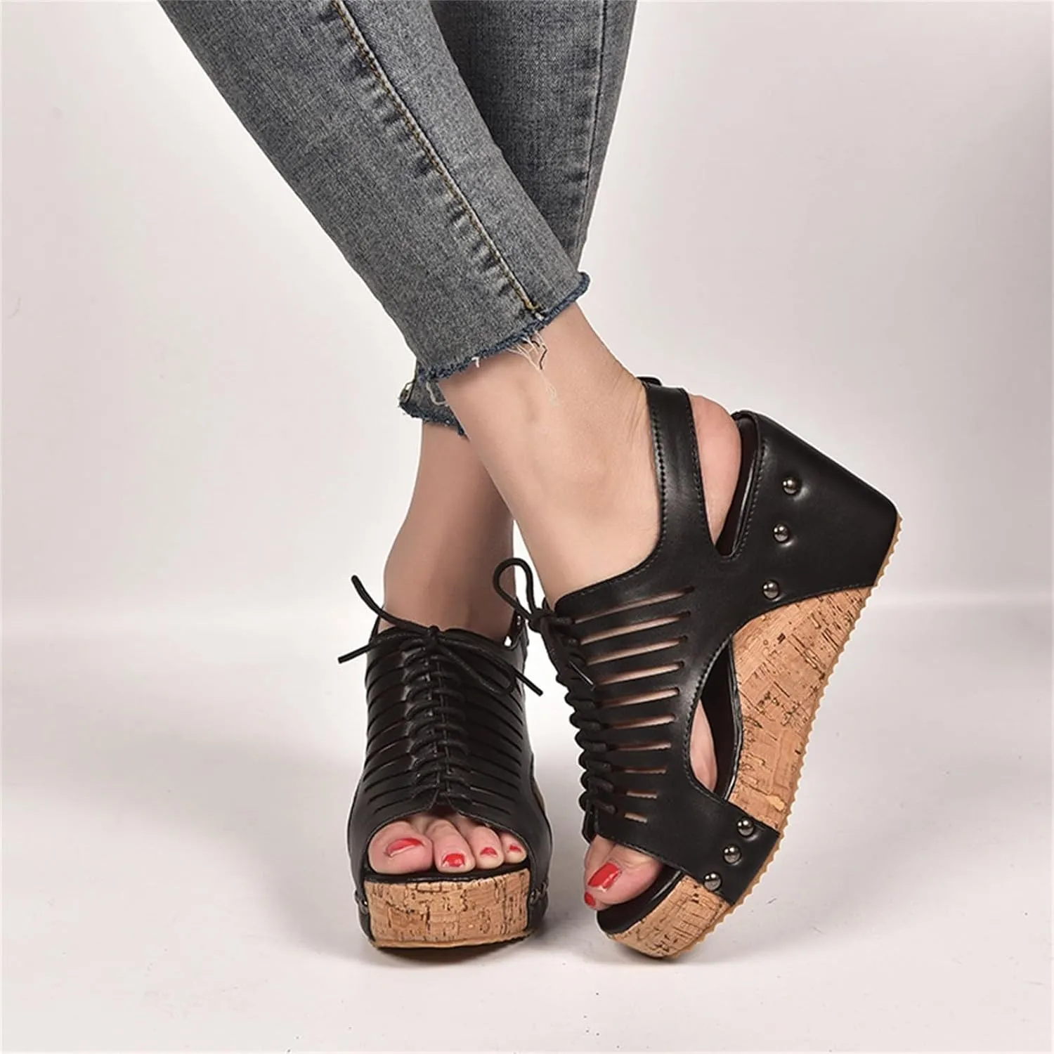 Cork Sandals for Women Comfortable Lac𝐞 Up Hollow Out Platform Sandal Hook And Loop Orthopedic Wedge Slides Slip On Slides