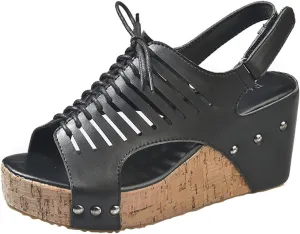 Cork Sandals for Women Comfortable Lac𝐞 Up Hollow Out Platform Sandal Hook And Loop Orthopedic Wedge Slides Slip On Slides