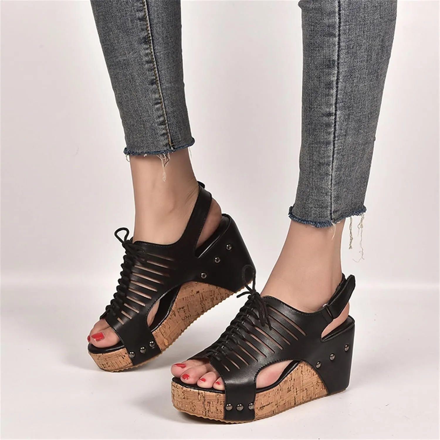 Cork Sandals for Women Comfortable Lac𝐞 Up Hollow Out Platform Sandal Hook And Loop Orthopedic Wedge Slides Slip On Slides