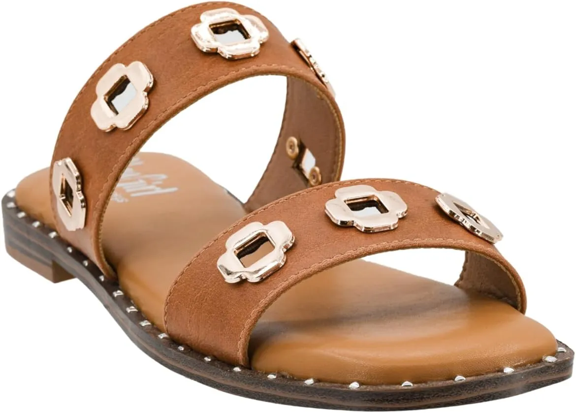 Corkys Footwear Low Tide Double Strap Sandal - Featuring Two Metal-Accented Straps, A Cushioned Insole, Studded Outsole, Easy and Convenient Slip-On design