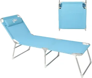 Cot with Pillow 4-Positions Folding Recliner Lounger Bed for Camping/Travel/Beach/Hiking/Patio, Supports 250LBS, Blue