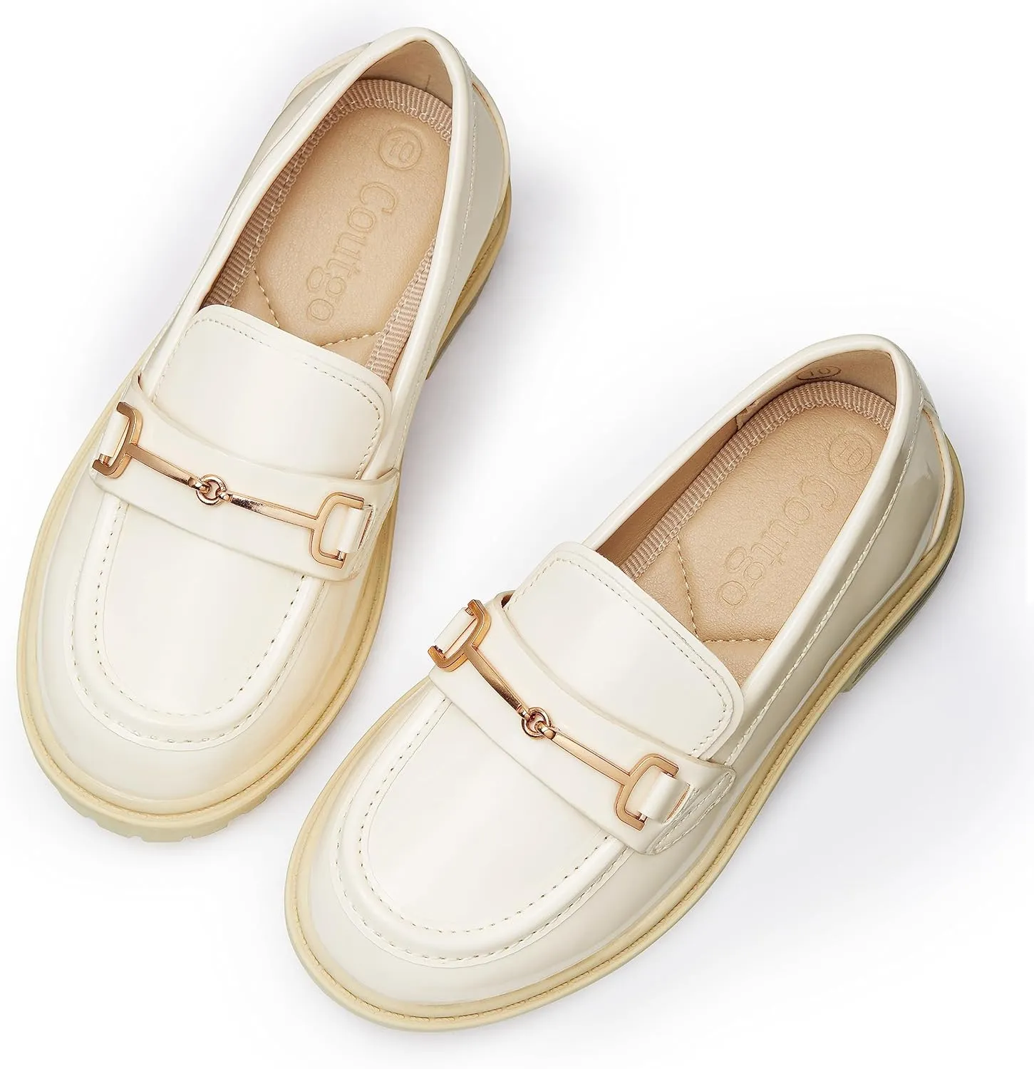 Coutgo Girl's Platform Loafers Slip On Chain Chunky Heel Leather Flats Round Toe School Uniform Dress Shoes