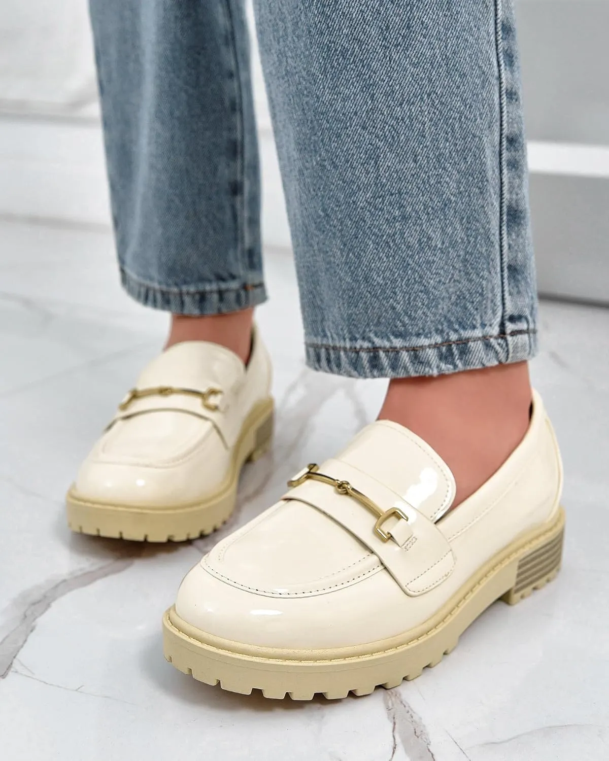 Coutgo Girl's Platform Loafers Slip On Chain Chunky Heel Leather Flats Round Toe School Uniform Dress Shoes