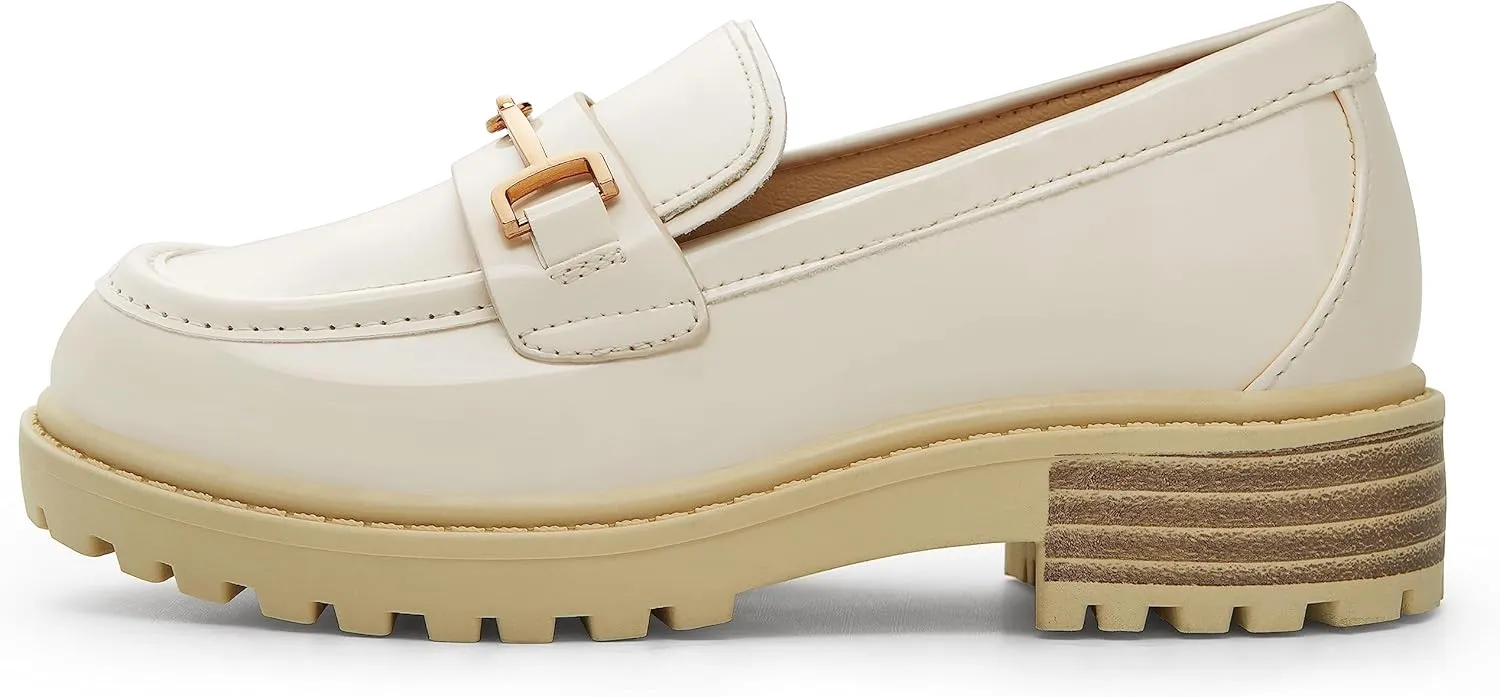 Coutgo Girl's Platform Loafers Slip On Chain Chunky Heel Leather Flats Round Toe School Uniform Dress Shoes