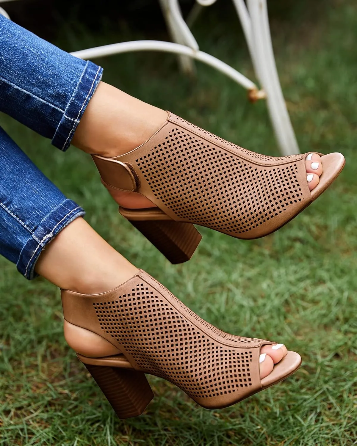 Coutgo Heels for Women Open Toe Boots Cutout Ankle Strap High Heel Chunky Block Sandals