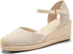 Coutgo Womens Platform Wedge Sandals Espadrilles Raffia Closed Toe Heels Ankle Buckle Strap Summer Beach Shoes