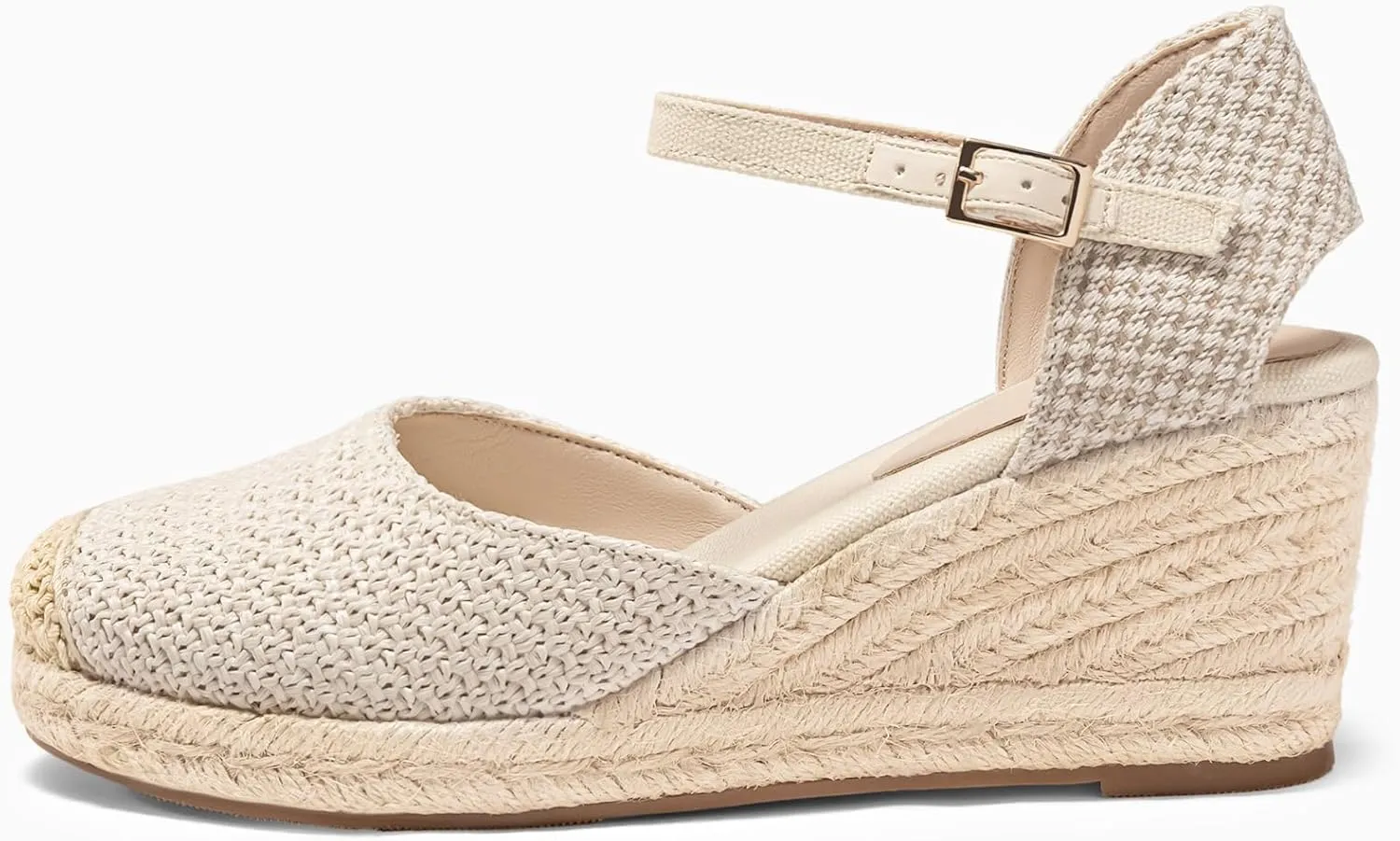 Coutgo Womens Platform Wedge Sandals Espadrilles Raffia Closed Toe Heels Ankle Buckle Strap Summer Beach Shoes