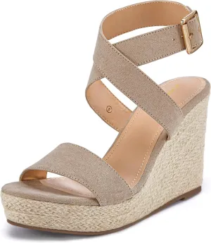 Coutgo Women's Wedge Sandals Cross Strap Espadrille Platform Ankle Buckle Summer Casual Shoes