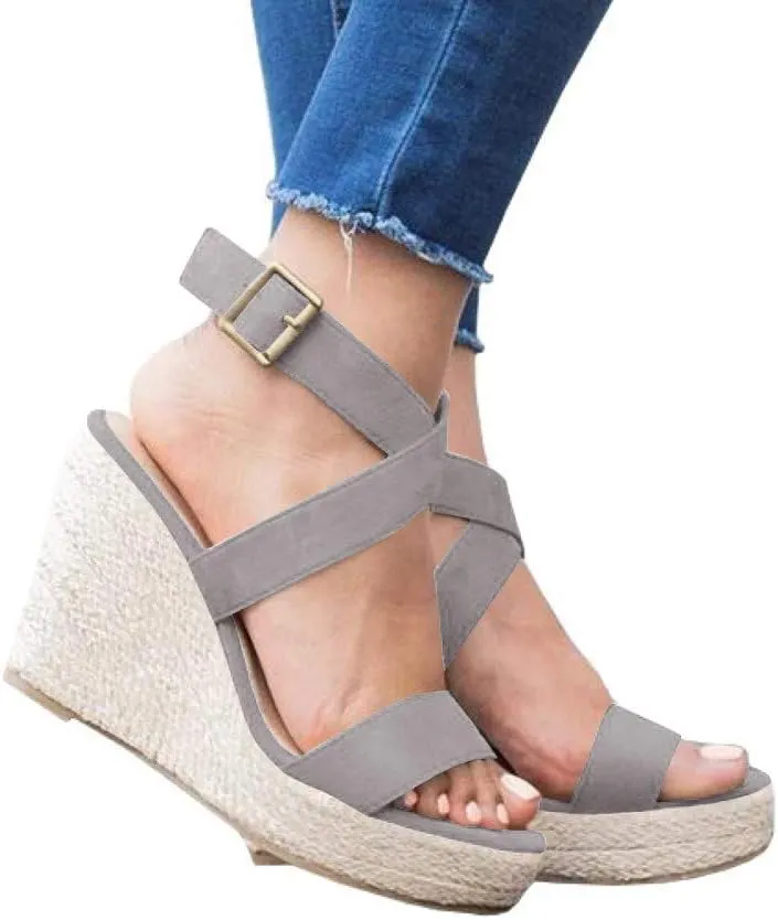 Coutgo Women's Wedge Sandals Cross Strap Espadrille Platform Ankle Buckle Summer Casual Shoes