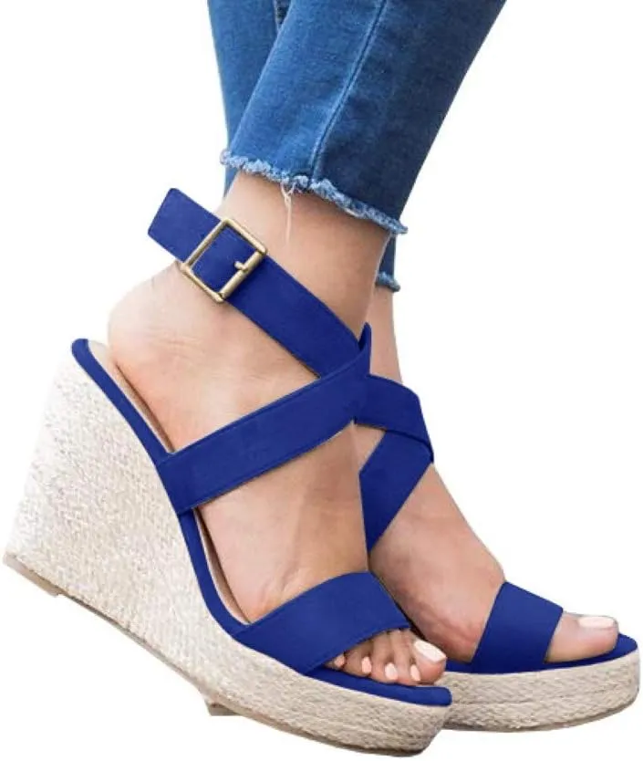 Coutgo Women's Wedge Sandals Cross Strap Espadrille Platform Ankle Buckle Summer Casual Shoes