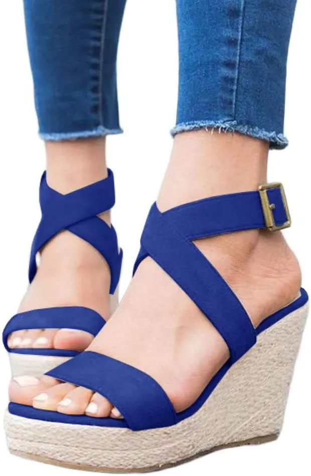 Coutgo Women's Wedge Sandals Cross Strap Espadrille Platform Ankle Buckle Summer Casual Shoes