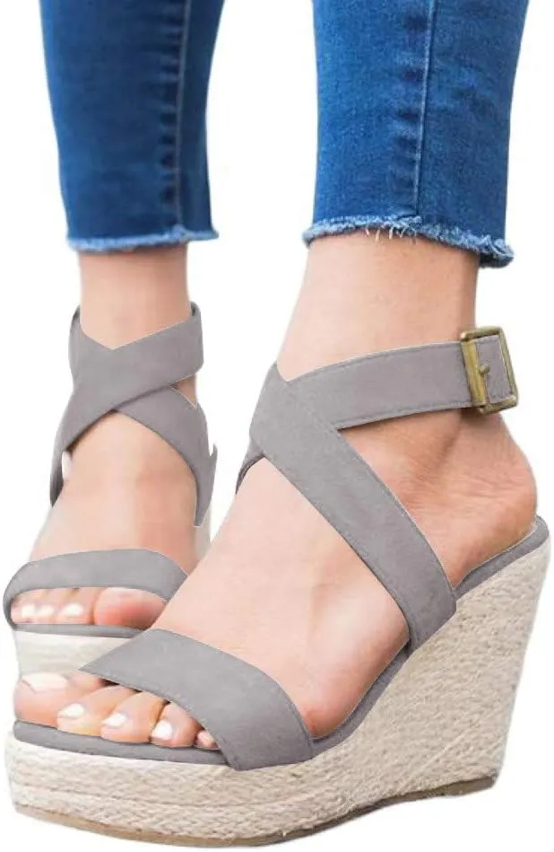Coutgo Women's Wedge Sandals Cross Strap Espadrille Platform Ankle Buckle Summer Casual Shoes