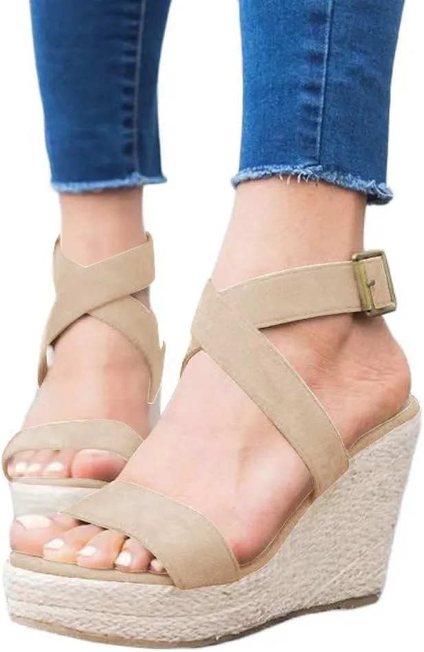 Coutgo Women's Wedge Sandals Cross Strap Espadrille Platform Ankle Buckle Summer Casual Shoes
