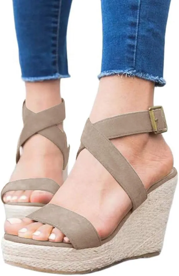 Coutgo Women's Wedge Sandals Cross Strap Espadrille Platform Ankle Buckle Summer Casual Shoes