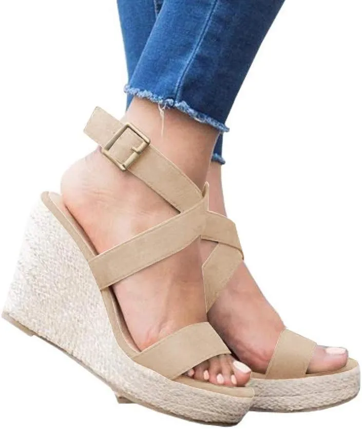 Coutgo Women's Wedge Sandals Cross Strap Espadrille Platform Ankle Buckle Summer Casual Shoes