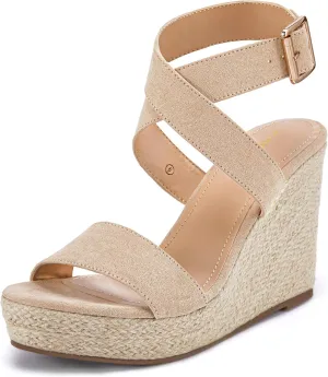 Coutgo Women's Wedge Sandals Cross Strap Espadrille Platform Ankle Buckle Summer Casual Shoes