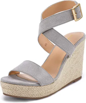 Coutgo Women's Wedge Sandals Cross Strap Espadrille Platform Ankle Buckle Summer Casual Shoes