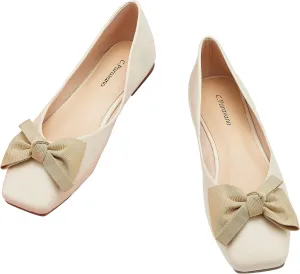 C.Paravano Women's Flats | Square Toe Shoes for Women | White Flat Shoes | Women Soft Leather Bowknot Dressy Flat | Slip On Ballet Flats for Work Walking & Wedding Party (Size 7,White)